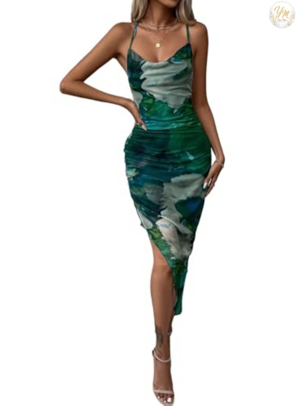 Women's Mesh Ruched Bodycon Midi Dress Tie Dye Asymmetrical Party